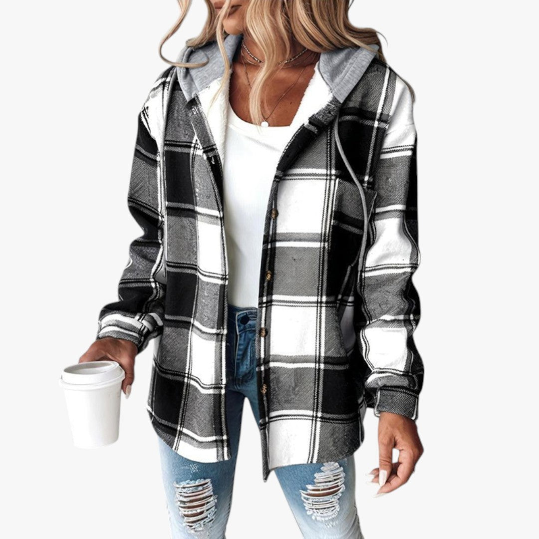 Damen Winterjacke mit Kapuze und Karomuster | Lang