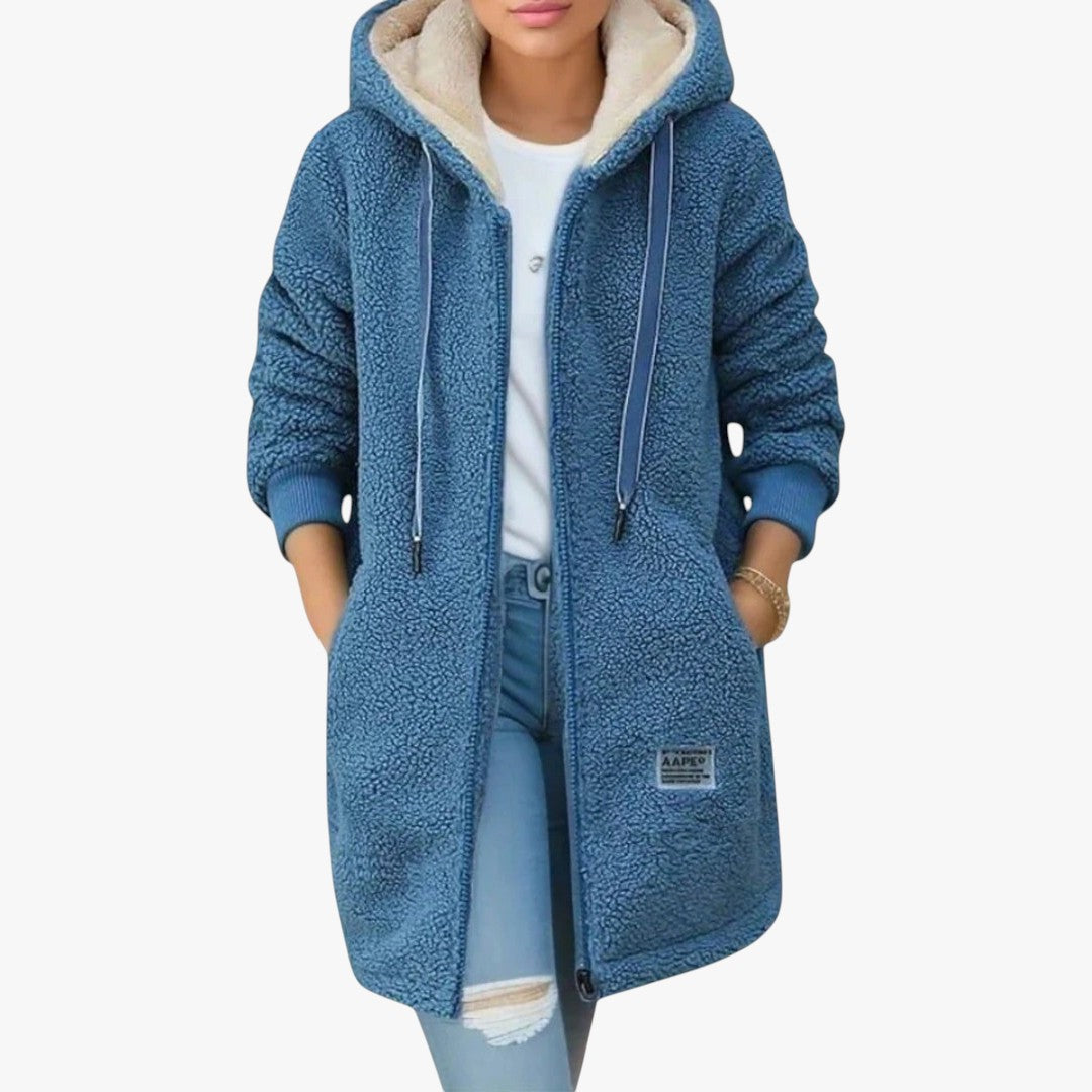 Warmer Damen Winterjacke mit Reißverschluss und Kapuze | Teddymantel