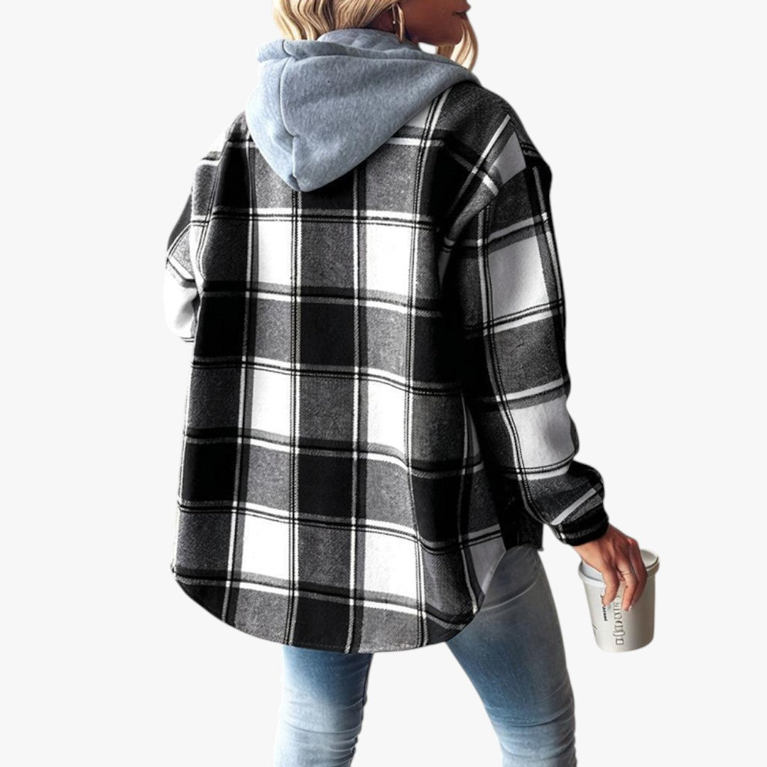 Damen Winterjacke mit Kapuze und Karomuster | Lang