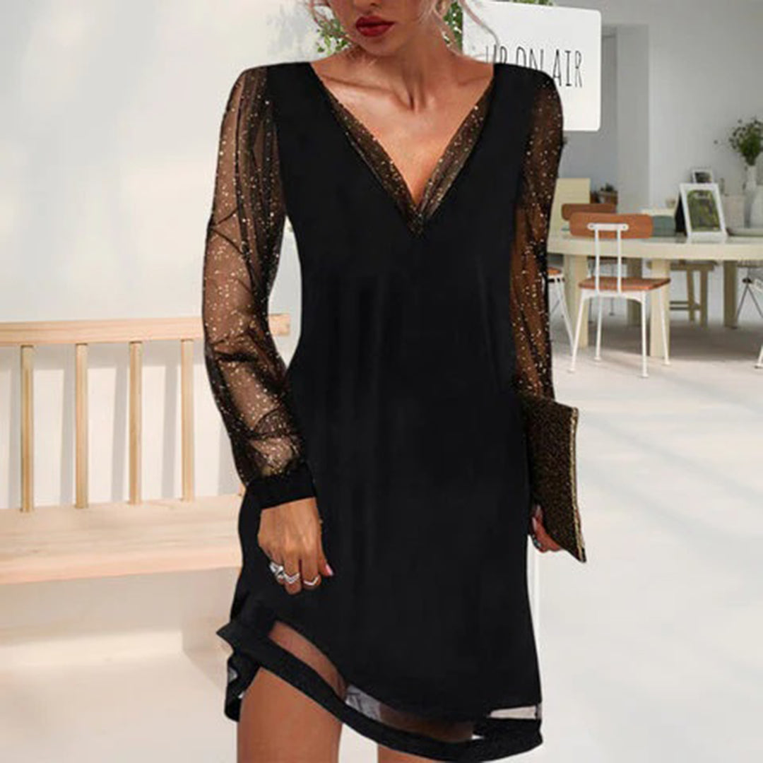 Damen Kleid Schwarz V-Ausschnitt Langarm für Sommerpartys und Elegante Anlässe 1
