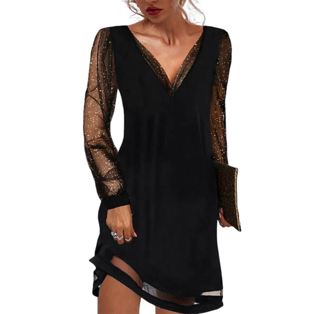 Damen Kleid Schwarz V-Ausschnitt Langarm für Sommerpartys und Elegante Anlässe 6