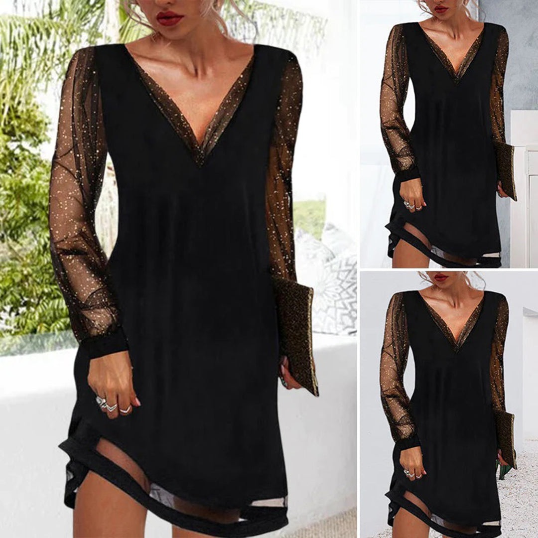 Damen Kleid Schwarz V-Ausschnitt Langarm für Sommerpartys und Elegante Anlässe 3