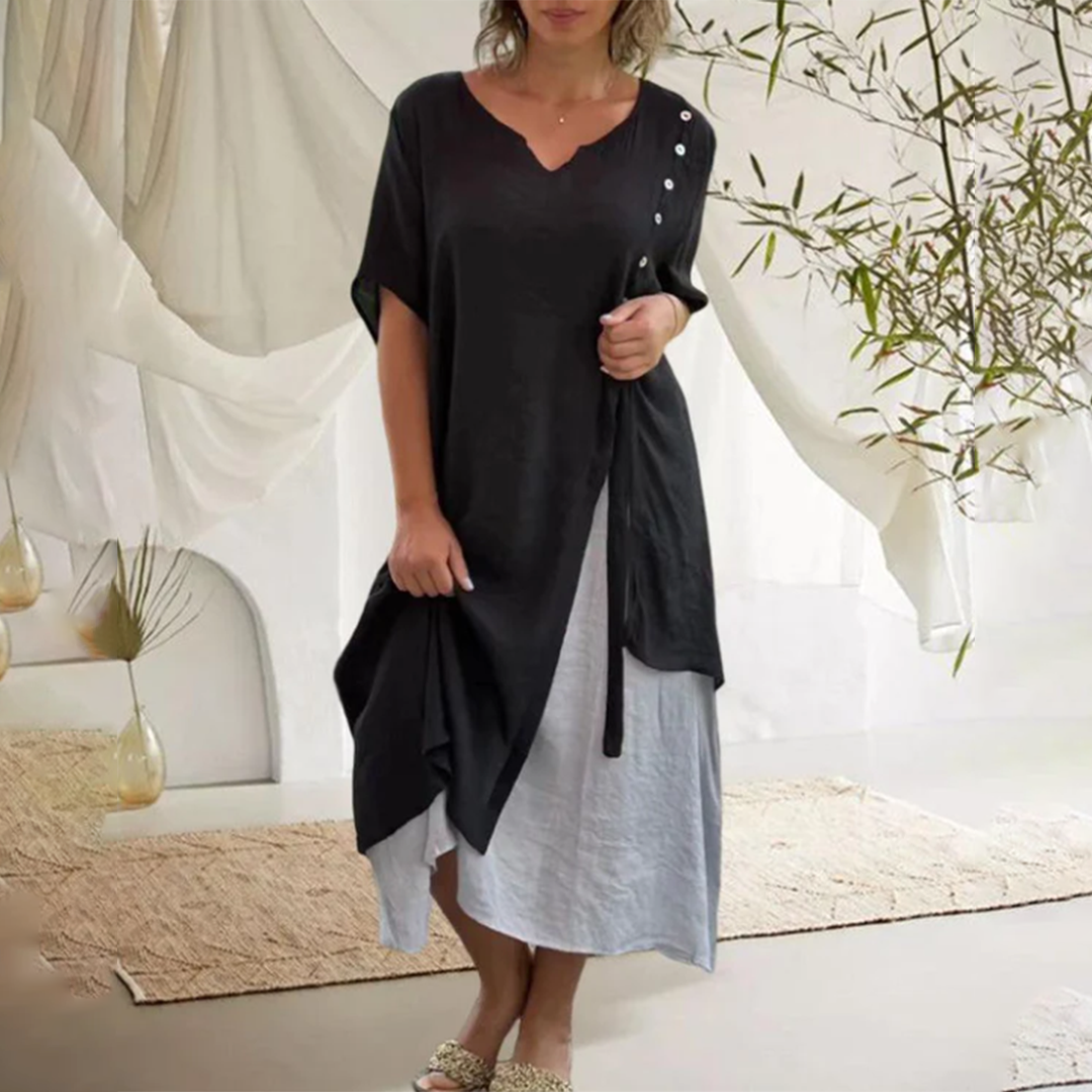 Damen Sommerkleid Schwarz V-Ausschnitt Elegantes Kleid für Freizeit und Partys 2