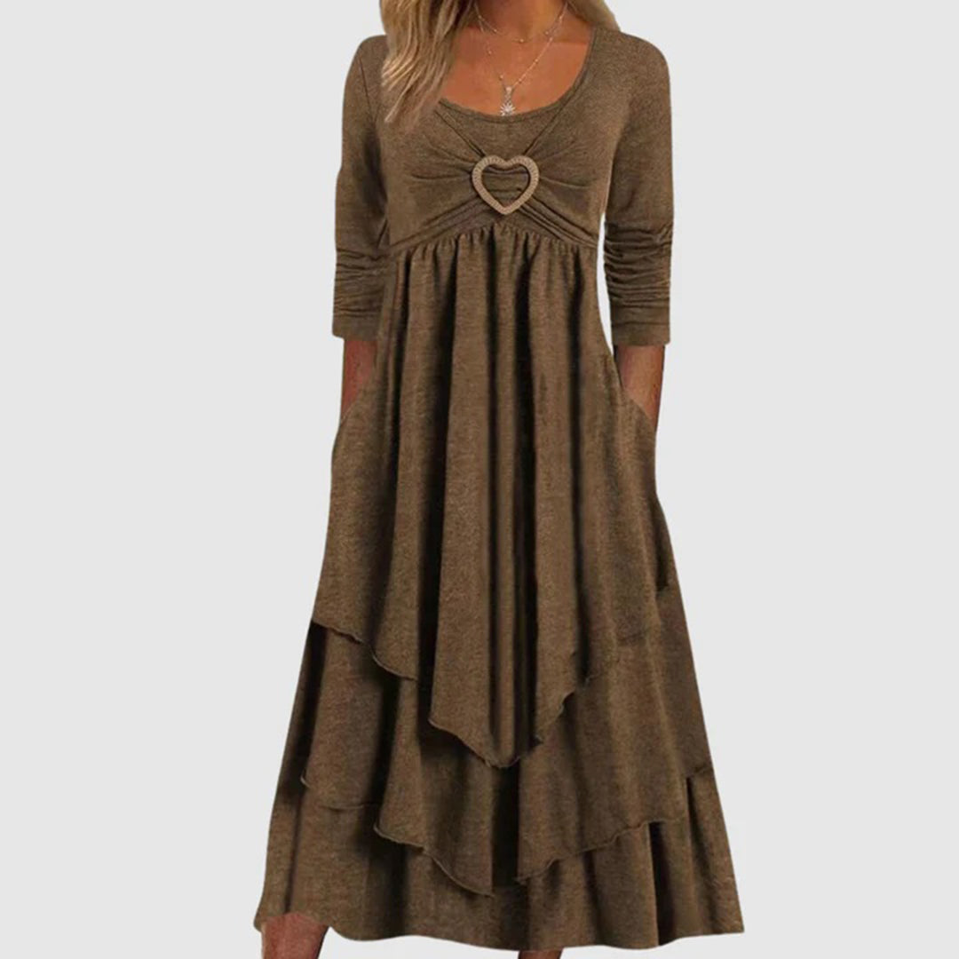 Damen Langes A-Linien Kleid Beige mit O-Ausschnitt und langen Ärmeln 4