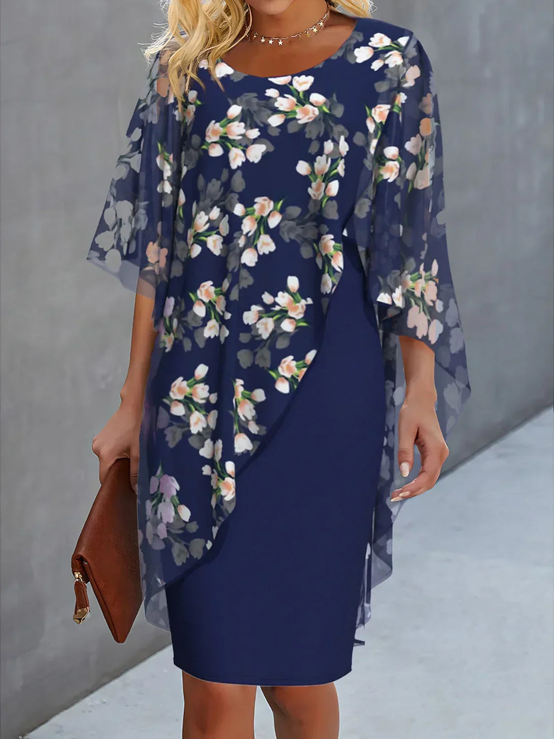 Elegantes Damenkleid mit Blumenmuster aus Chiffon für Hochzeitsgäste-1