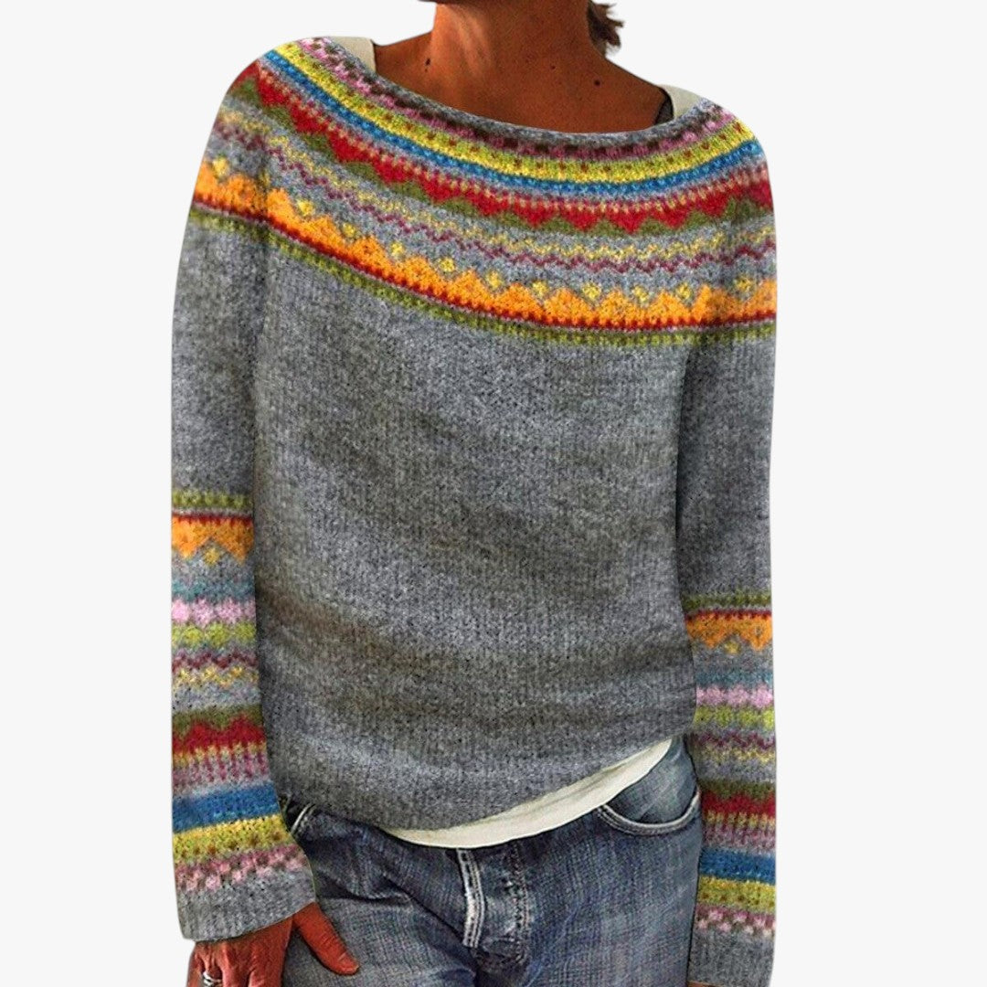 Damen Strickpullover mit Norwegermuster und weitem Halsausschnitt