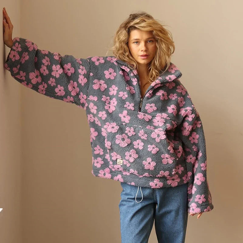 Damen Winterpullover mit Reißverschluss und Blumen
