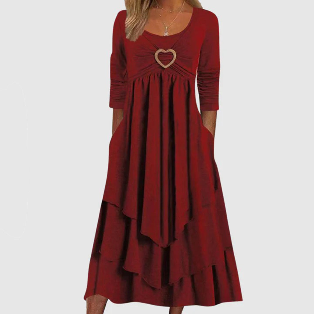 Damen Langes A-Linien Kleid Beige mit O-Ausschnitt und langen Ärmeln 5