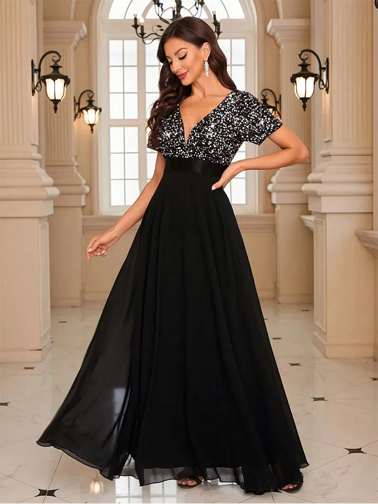 Damen Ballkleid mit Pailletten für Weihnachten | Maxi