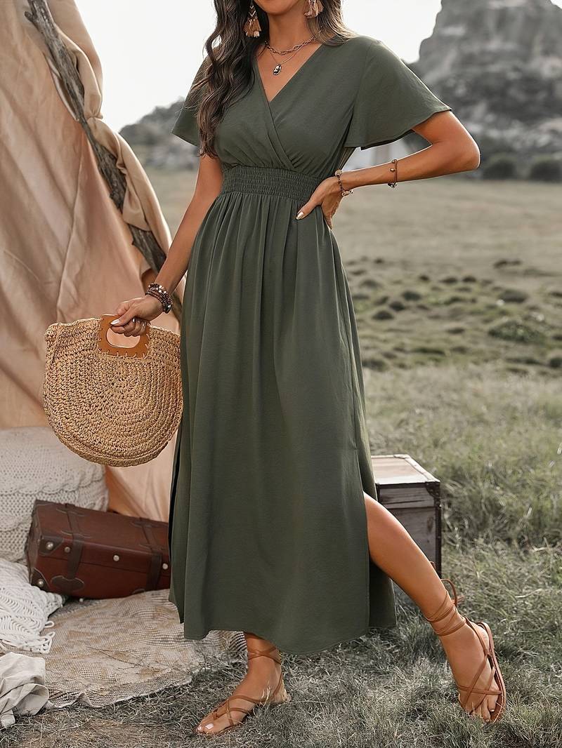 Elegantes V-Ausschnitt Maxi Boho Kleid