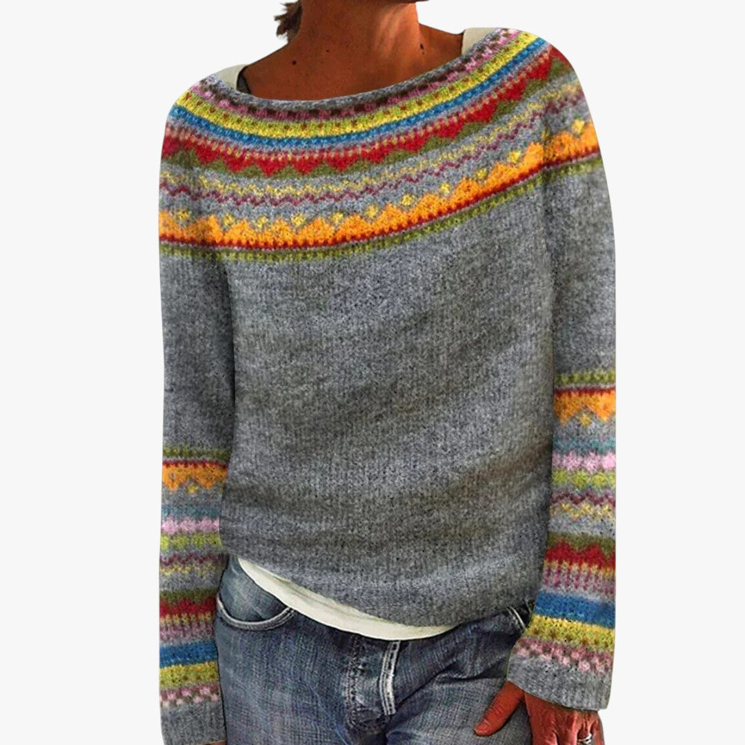 Damen Strickpullover mit Norwegermuster und weitem Halsausschnitt