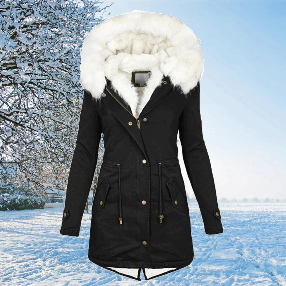 Damen Winterparkajacke mit Kapuze und weißem Futter