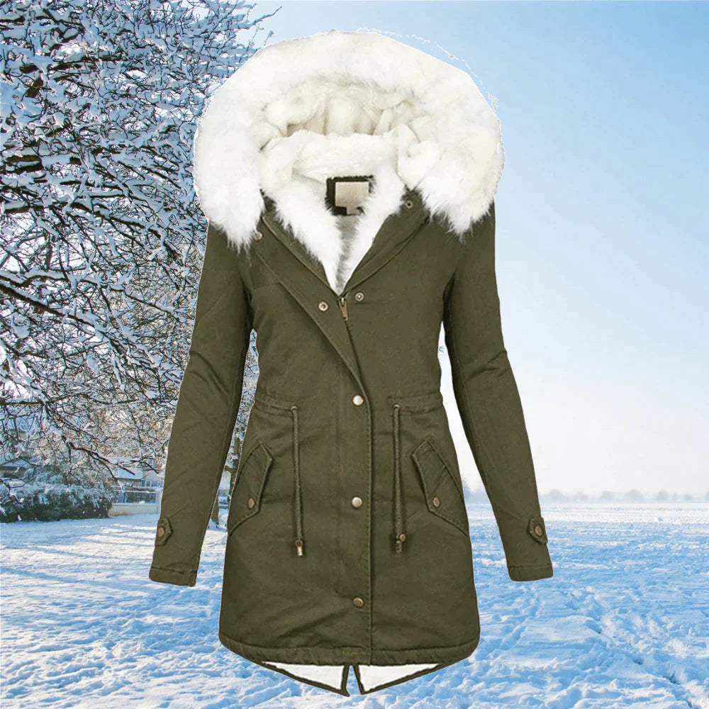Damen Winterparkajacke mit Kapuze und weißem Futter