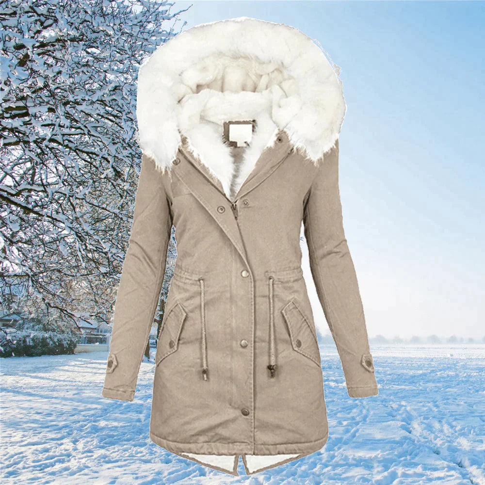 Damen Winterparkajacke mit Kapuze und weißem Futter