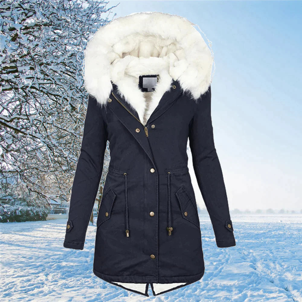 Damen Winterparkajacke mit Kapuze und weißem Futter
